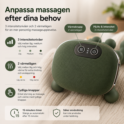 Närbild på knappar för värme och massage på trådlös nack- och axelmassager.