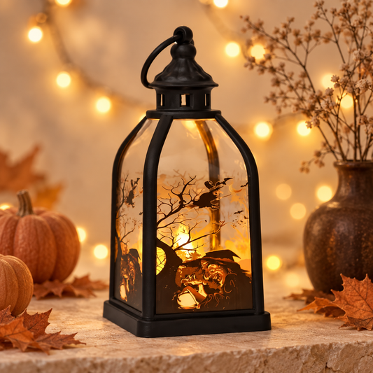SpökSkimmer™ Halloweenlykta med lysande häxmotiv och varmt LED-sken