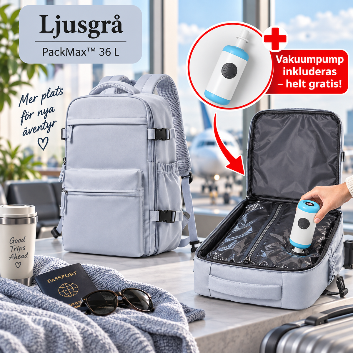Ljusgrå PackMax vakuumryggsäck 36 L med elektrisk vakuumpump