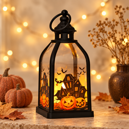SpökSkimmer™ Halloweenlykta med spökhus, pumpor och fladdrande LED-ljus