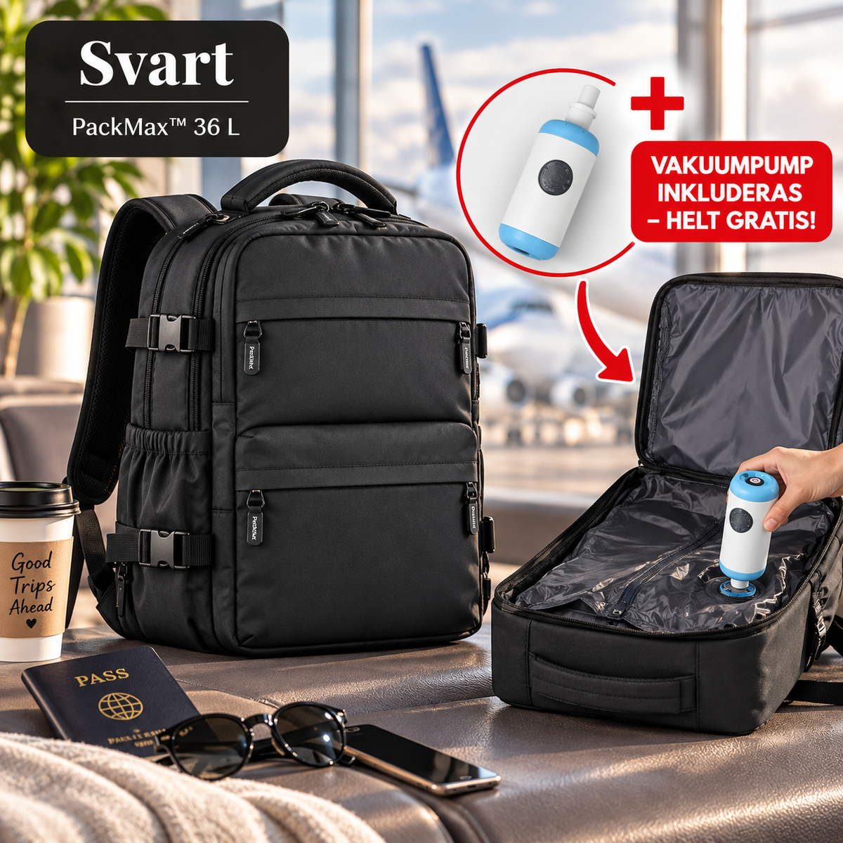 Svart PackMax vakuumryggsäck 36 L med elektrisk vakuumpump